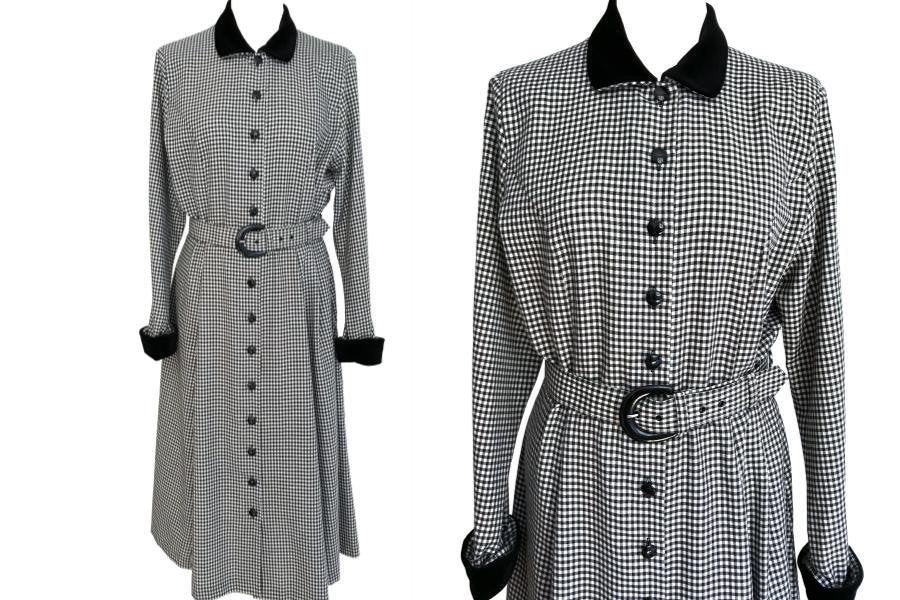 70s Gingham Black and White Checked Velvet Trimmed Button Down Belted Everyday Tea Dress, Career Plaid Secretary Dress, Monochrome Day Dress