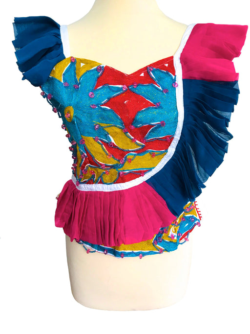 70s French Vintage Stunning Colourful Embroidered Beaded Sequinned Magenta Pink Blue Yellow Ruffle Sweetheart Boho Hippie Festival Top,