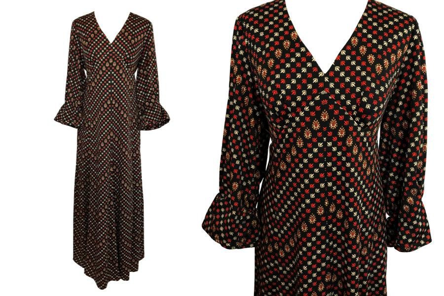 70s Black Rust Beige Orange Abstract Print Puff Sleeves Boho Maxi Dress, Occasion Evening Party Thanksgiving Autumn Winter Dress sz Large