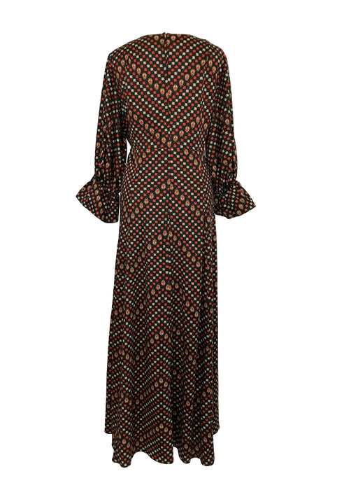 70s Black Rust Beige Orange Abstract Print Puff Sleeves Boho Maxi Dress, Occasion Evening Party Thanksgiving Autumn Winter Dress sz Large