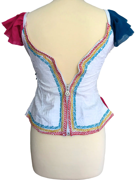 70s French Vintage Stunning Colourful Embroidered Beaded Sequinned Magenta Pink Blue Yellow Ruffle Sweetheart Boho Hippie Festival Top,