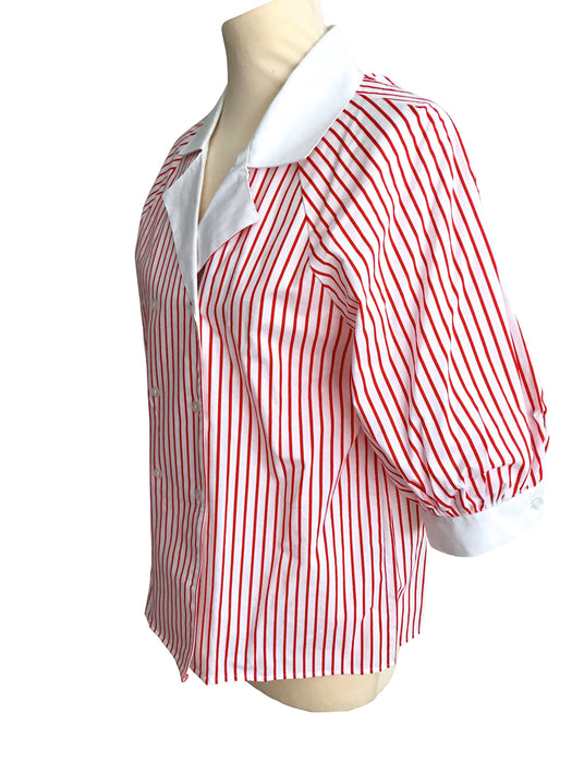 80s Pure Cotton Red & White Striped Nautical Sailor Double Breast Raglan Puffed Sleeves Buttoned Notched Collar Blouse Top, Diana Day Blouse