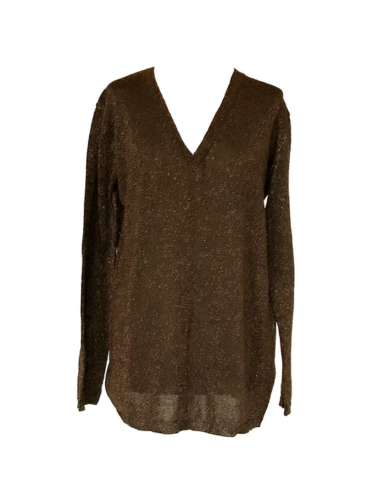 70s-80s Chocolate Brown Red Glitter Cotton Lurex Metallic Thread Jersey Knit Long Tunic Pullover Sweater Disco Christmas New Year Party Top