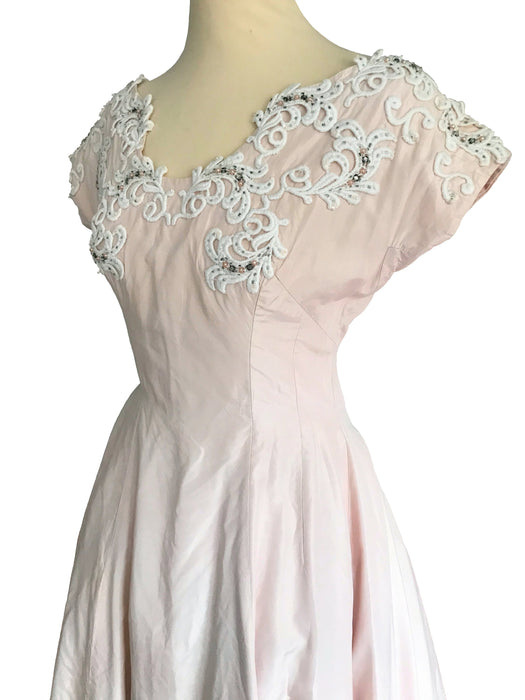 50s Whipped Cream Blush Silk Lace Rhinestone Trim Sweeping Full Circle Skirt Rockabilly Pin Up Bombshell Swing Prom Wedding Occasion Dress