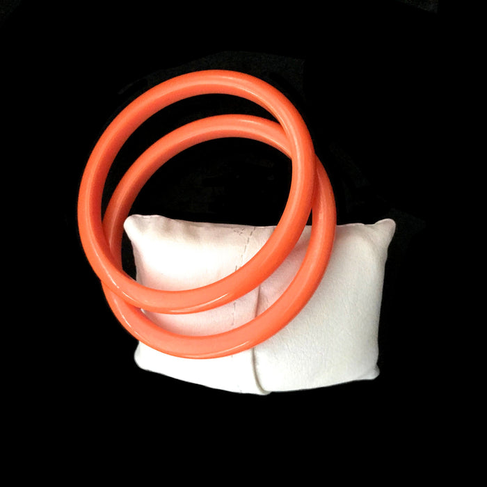 40s-50s Art Deco Pair of Domed 1/4" Matched Genuine Bakelite Party Bangle Bracelets Rare Angel Skin Coral Salmon Colour Tested Authentic