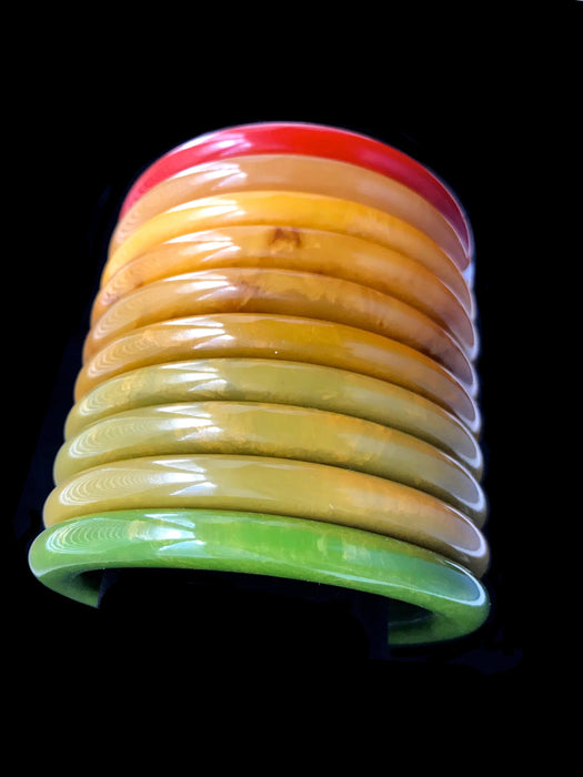 40s-50s Lot of 10 Art Deco Thick Marbled Genuine Bakelite Bangle Bracelets Tomato Red Caramel Butterscotch Avocado Green Tested Authentic