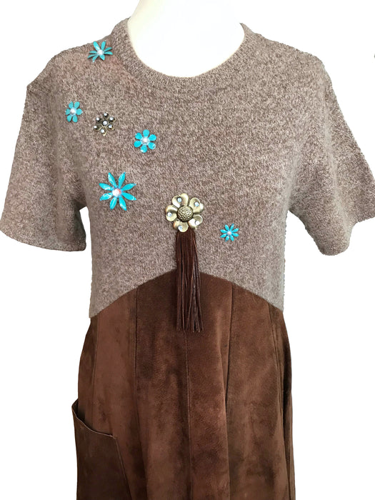 70s LAURA ASHLEY Lambswool Knitted Enamel Flower Embellished Top Genuine Suede Leather Full Skirt Wild West Americana Cowgirl Prairie Dress