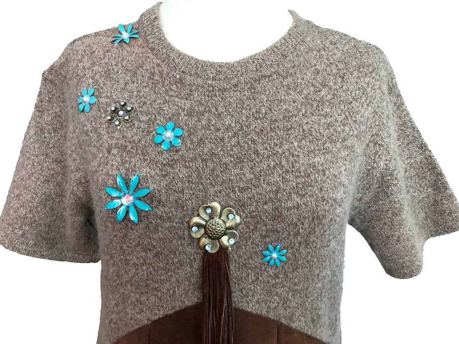 70s LAURA ASHLEY Lambswool Knitted Enamel Flower Embellished Top Genuine Suede Leather Full Skirt Wild West Americana Cowgirl Prairie Dress