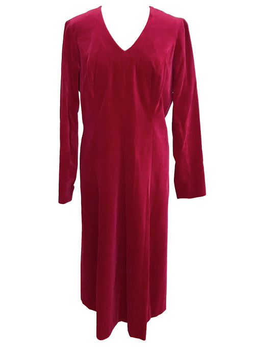 80s does 60s Wine Red Thick Cotton Velvet V-Neckline Flared Column Cocktail Xmas Party Occasion Evening Wedding Midi Dress Large X-Large