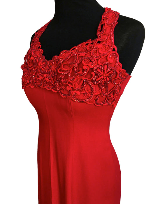 80s Zum Zum Fire Red Halter Neck Glittery Crochet Lace Formal Prom Column Slit Evening Maxi Dress, Xmas Valentine's Day Occasion Dress ILGWU