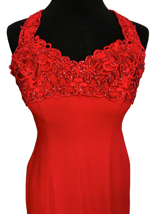 80s Zum Zum Fire Red Halter Neck Glittery Crochet Lace Formal Prom Column Slit Evening Maxi Dress, Xmas Valentine's Day Occasion Dress ILGWU