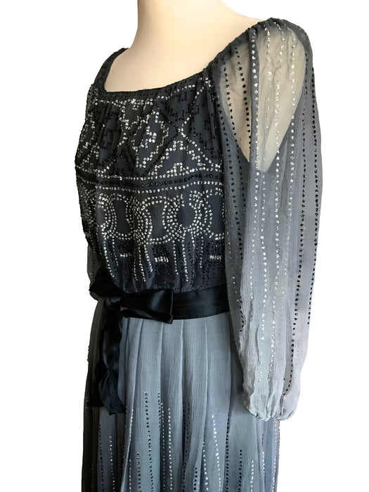 80s Silk Grey Tones Ombre Embellished with Tiny Sequin Glittery Detail Satin Sash Belted Occasion Evening Prom Xmas Wedding Guest Maxi Dress