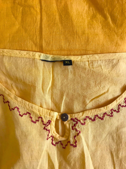 80s Semi Sheer Cotton Yellow Batiste Voile Red Folk Embroidery Tye Dye Ombre Beach Tank Top, Boho Hippie Spaghetti Strap Top LARGE X-Large