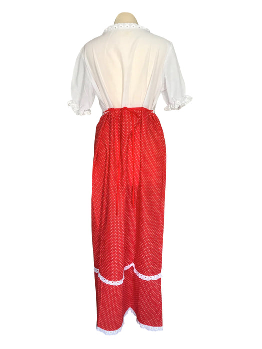70s Cotton Red White Polka Dot Prairie Folk Style Broderie Anglais Lace Trim Puff Sleeve Ruffle Boho Festival Garden Party Artsy Maxi Dress