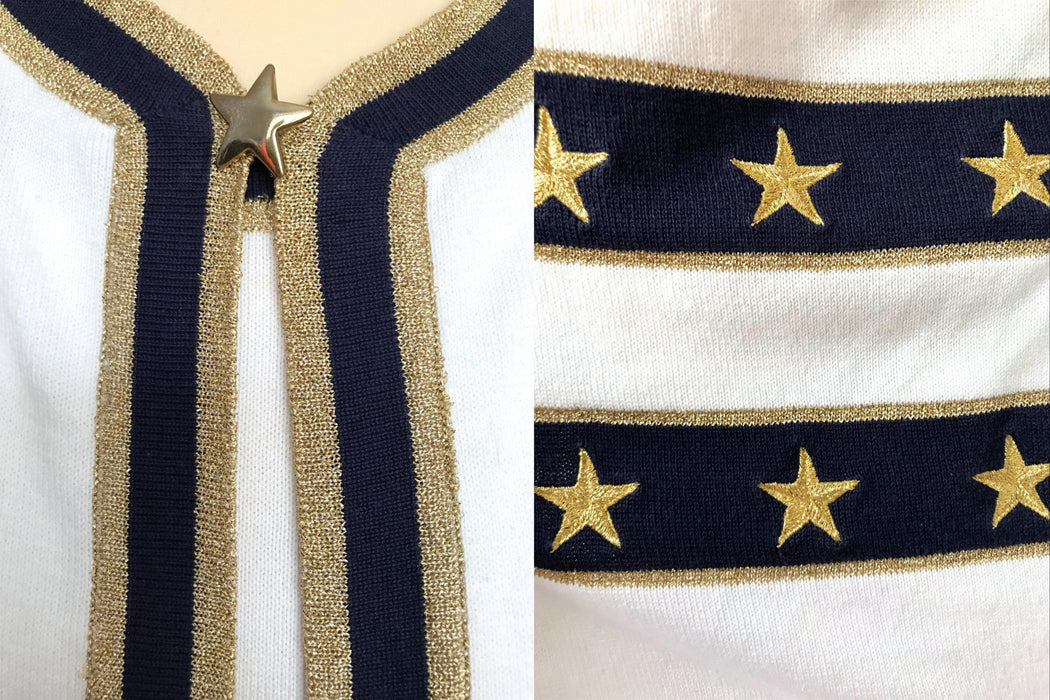 90s VTG Bloomingdale's White Navy Blue Gold Lurex Metallic Stars Applique MOD Nautical Patriotic Knit Jersey Two Piece Dress & Jacket Suit