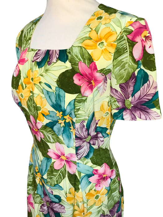 80s Maggy London 100% Silk Tropical Hawaiian Floral Print Sheath Wiggle Hourglass Short Sleeve Cocktail Dress, Summer Party Wedding Dress