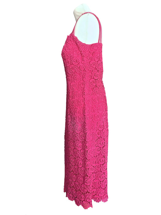 80s Hot Bubblegum Pink Cotton Lace Mesh Textured Floral Patterned Spaghetti Straps Cocktail Party Sheath Dress, Summer Pink MOD Column Dress