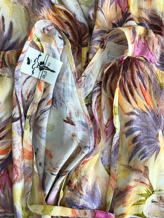 80s Pastel Colours Floral Tropical Print Kimono Dolman Capped Sleeve Low Cut Out Back Handkerchief Asymmetrical Hem Blouson Summer Day Dress