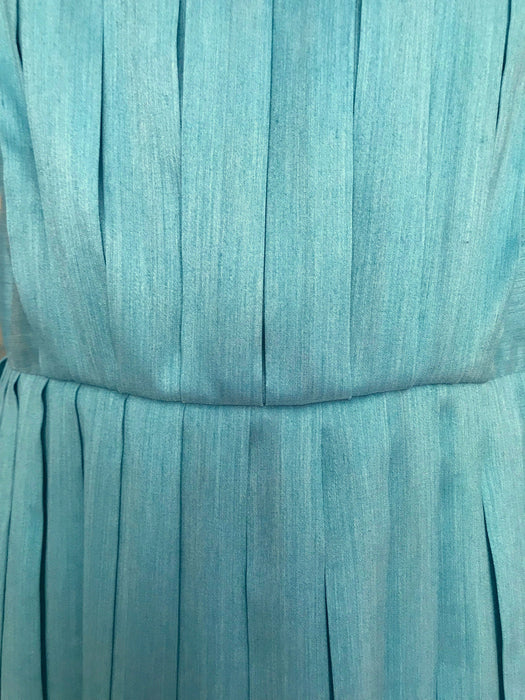 Early 60s Aqua Turquoise Blue Duck Egg Greenish Wool Blend All Pleated Sleeveless Day Dress, Blue Wool Rockabilly Summer Occasion Tea Dress