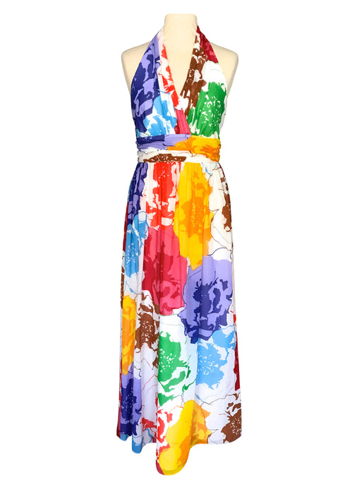 90s ELLEN TRACY White Bold Abstract Painted Pop Art Floral Print Halter Neck Low Back Boho Chic Festival Summer Party Wedding Maxi Dress