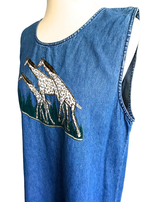 90s Vintage Denim Jumper Jean Sleeveless Dress with Giraffes Family Embroidery Applique, Summer Loose A-Line Denim Maternity Maxi Dress M-L