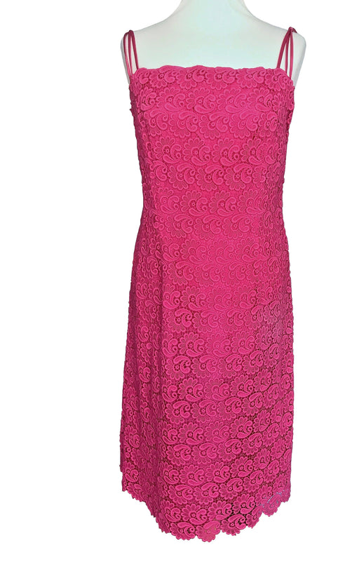 80s Hot Bubblegum Pink Cotton Lace Mesh Textured Floral Patterned Spaghetti Straps Cocktail Party Sheath Dress, Summer Pink MOD Column Dress