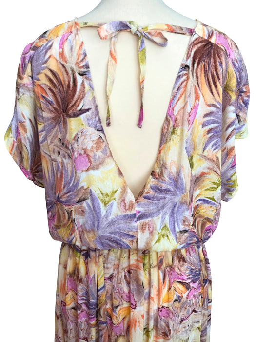 80s Pastel Colours Floral Tropical Print Kimono Dolman Capped Sleeve Low Cut Out Back Handkerchief Asymmetrical Hem Blouson Summer Day Dress
