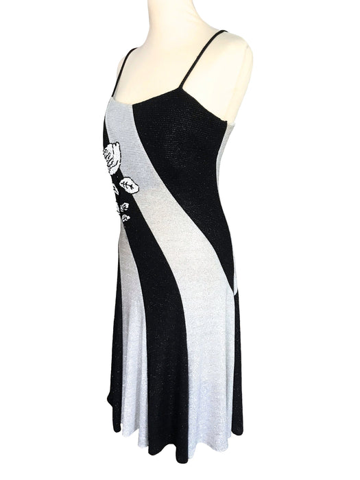 70s-80s Black White Silver Lurex Glitter On Sparkly Shimmer Cocktail Party Halloween Xmas Occasion Evening Sheath Slinky Cross Panel Dress