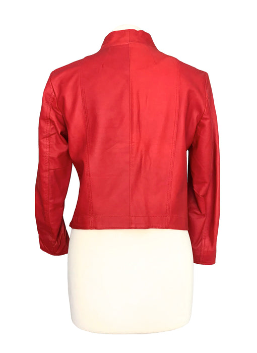 Vivid Red Genuine Nappa Leather Open Front Smart Designer Jacket
