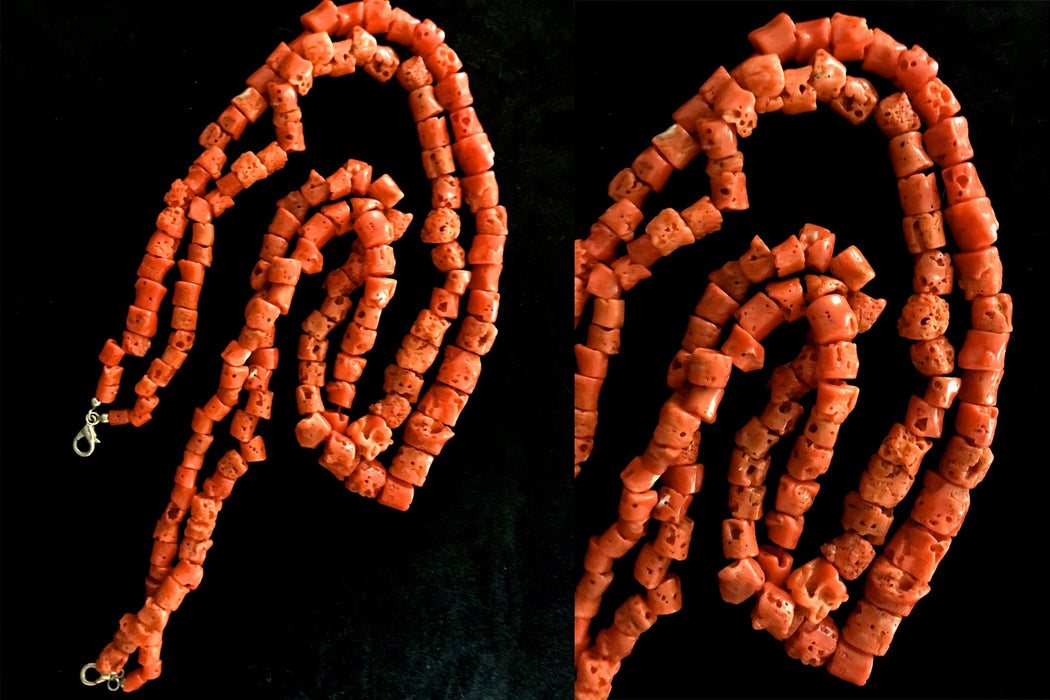 Large Ancient Italian Untreated Collectable Natural Marine Coral Tube Shape Beads Two Strand Necklace 121g, Top Quality Mediterranean Corals