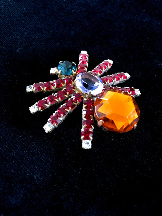 Old Czechoslovakia Jablonec Crystal Glass Red Rhinestones Handmade Halloween Mardi Gras Carnival Spider HUSAR.D Designer Signed Brooch Pin
