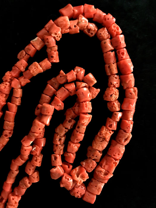 Large Ancient Italian Untreated Collectable Natural Marine Coral Tube Shape Beads Two Strand Necklace 121g, Top Quality Mediterranean Corals
