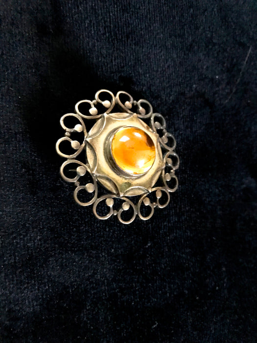 Designer Benaki Museum Athens Ancient Greek Revival Replica 925 Silver Brooch Pin with Citrine Cabochon, Hellenistic Xmas Mother's Day Gift