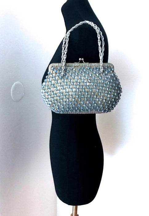 50s Silver Metallic Crochet & Blue Faceted Glass Beads Top Handle Evening Handbag