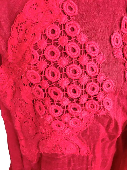 Vanessa Bruno Lace Appliqué Red Cotton Top, Sheer Cotton Voile Gypsy Boho Festival Sleeveless Top, Layered Frill Summer Parachute Top Blouse