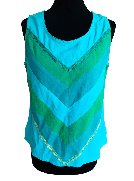 Blue Ocean 100% Cotton Embroidered Top, East Anokhi Blue Green Yellow Sleeveless Top, Chevron Pattern Summer Casual Office to Beach Tank Top