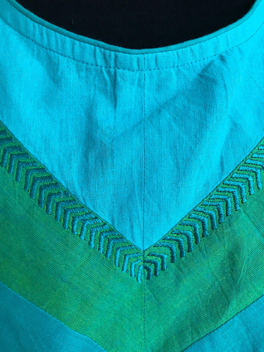 Blue Ocean 100% Cotton Embroidered Top, East Anokhi Blue Green Yellow Sleeveless Top, Chevron Pattern Summer Casual Office to Beach Tank Top