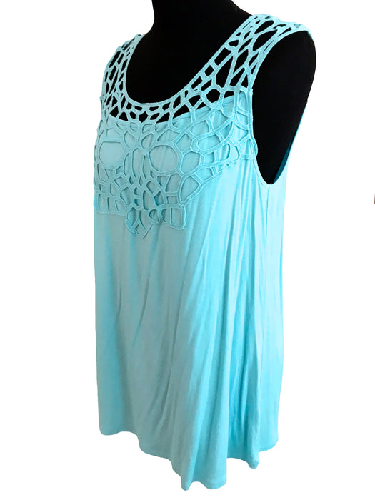 Cable & Gauge Blue Turquoise Viscose Crochet Top, Ladies Sleeveless Trapeze Soft Stretchy Summer Top sz Large, Cool Trendy Beach Tank Top L