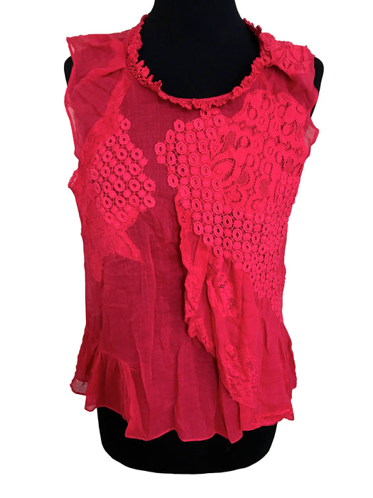 Vanessa Bruno Lace Appliqué Red Cotton Top, Sheer Cotton Voile Gypsy Boho Festival Sleeveless Top, Layered Frill Summer Parachute Top Blouse