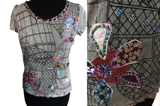 100% Cotton Sheer Mesh Fancy Embellished Summer Top, Embroidered Applique Patchwork T-Shirt, Casual Street Style Grunge Graphic Sequin Top