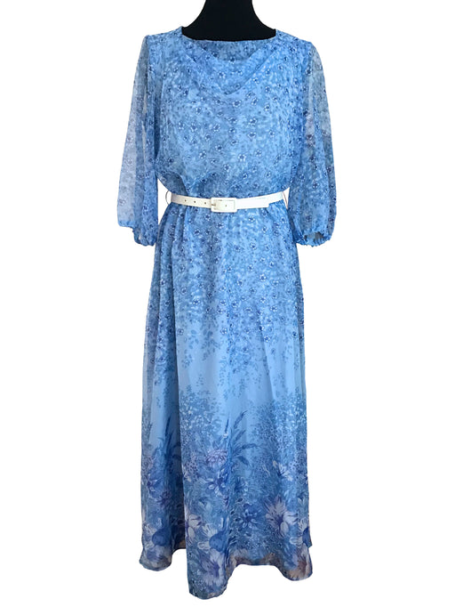 60s 70s Boho Cowl Neck Blue Chiffon Floral Print Maxi Dress