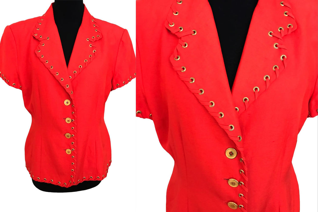 80s Orange Red Silk & Linen Decorated Nautical Jacket with Golden Buttons