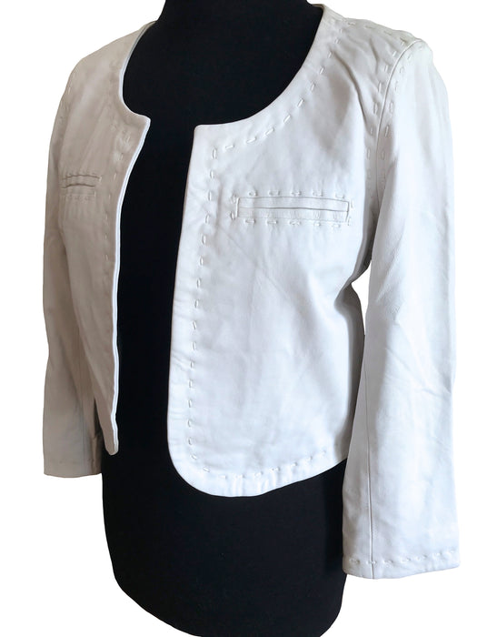 White Lamb Leather Open Front Bolero Jacket, Genuine Leather Long Sleeve Cropped Jacket Vest, Street Style Ladies Smart Leather Jacket Top S