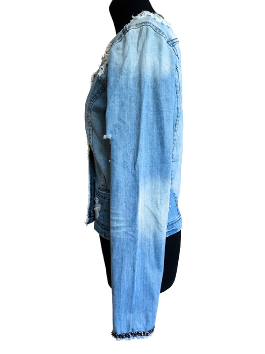 Washed Light Blue Grunge Distressed Ripped Denim Jacket with Chain Piping