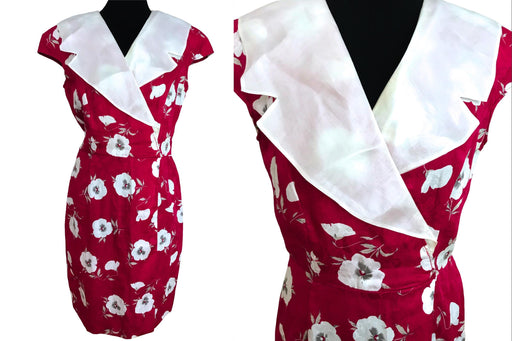 80s Raspberry Pink & Cream Sailor Collar Dress, Damask Cotton Floral Print Sheath Wiggle Dress, New Wave Summer Cocktail Party Power Dress S