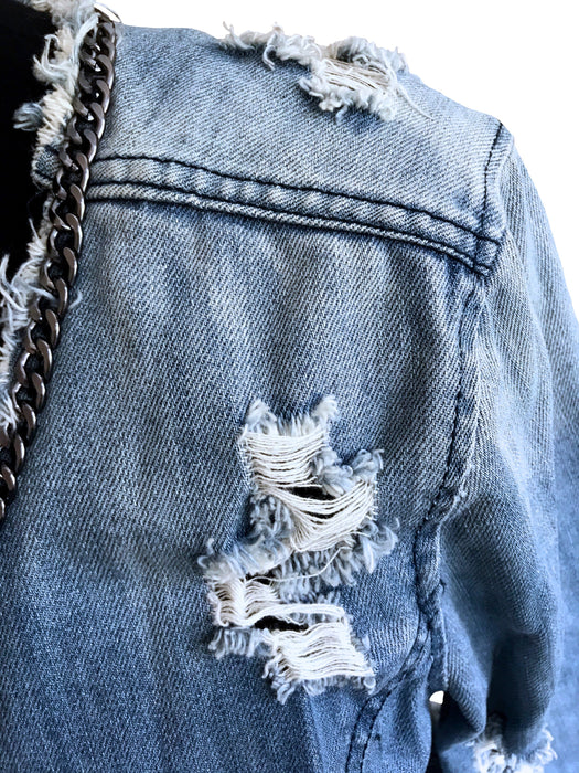 Washed Light Blue Grunge Distressed Ripped Denim Jacket with Chain Piping