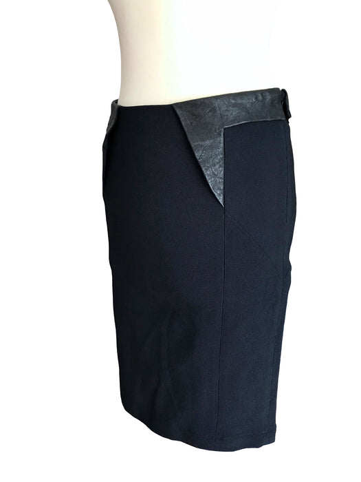 Black Bodycon Ribbed Skirt Nappa Leather Trim, Stretchy Tube Fitted Pencil Knee-Length Grunge Skirt, Sexy Secretary Office Career Skirt sz S