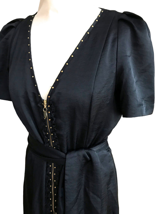 Black Silk Front Zip Dress w/ Golden Studs, Puff Sleeves Fitted Urban Little Black Dress, V-Neckline Steampunk Rave LBD Wide Sash Belt sz S
