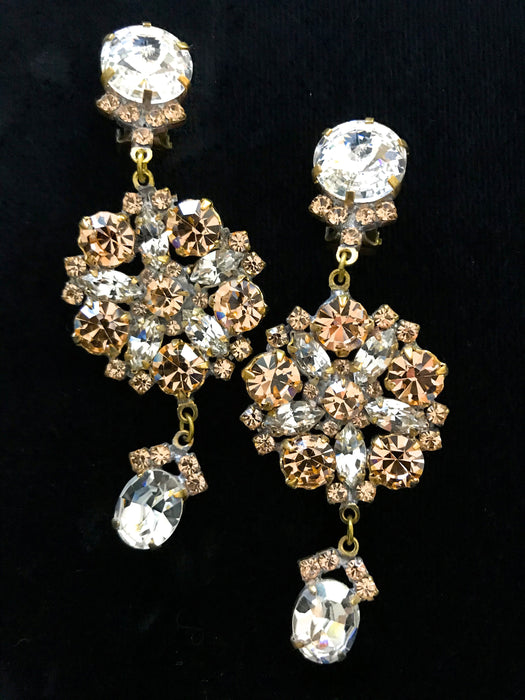 Art Deco HUGE Old Czech Crystal Champagne Glass Diamante Drop Dangle Earrings