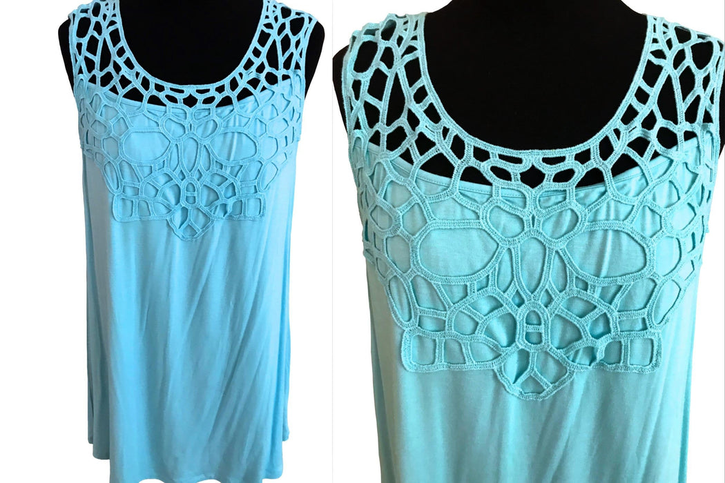 Cable & Gauge Blue Turquoise Viscose Crochet Top, Ladies Sleeveless Trapeze Soft Stretchy Summer Top sz Large, Cool Trendy Beach Tank Top L